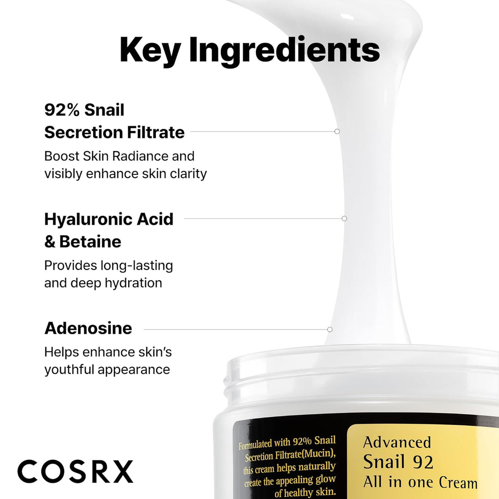 COSRX Snail Mucin 92% Face Moisturizer for Soft & Glowy Skin 3.52 oz | Korean Skin Care Cream