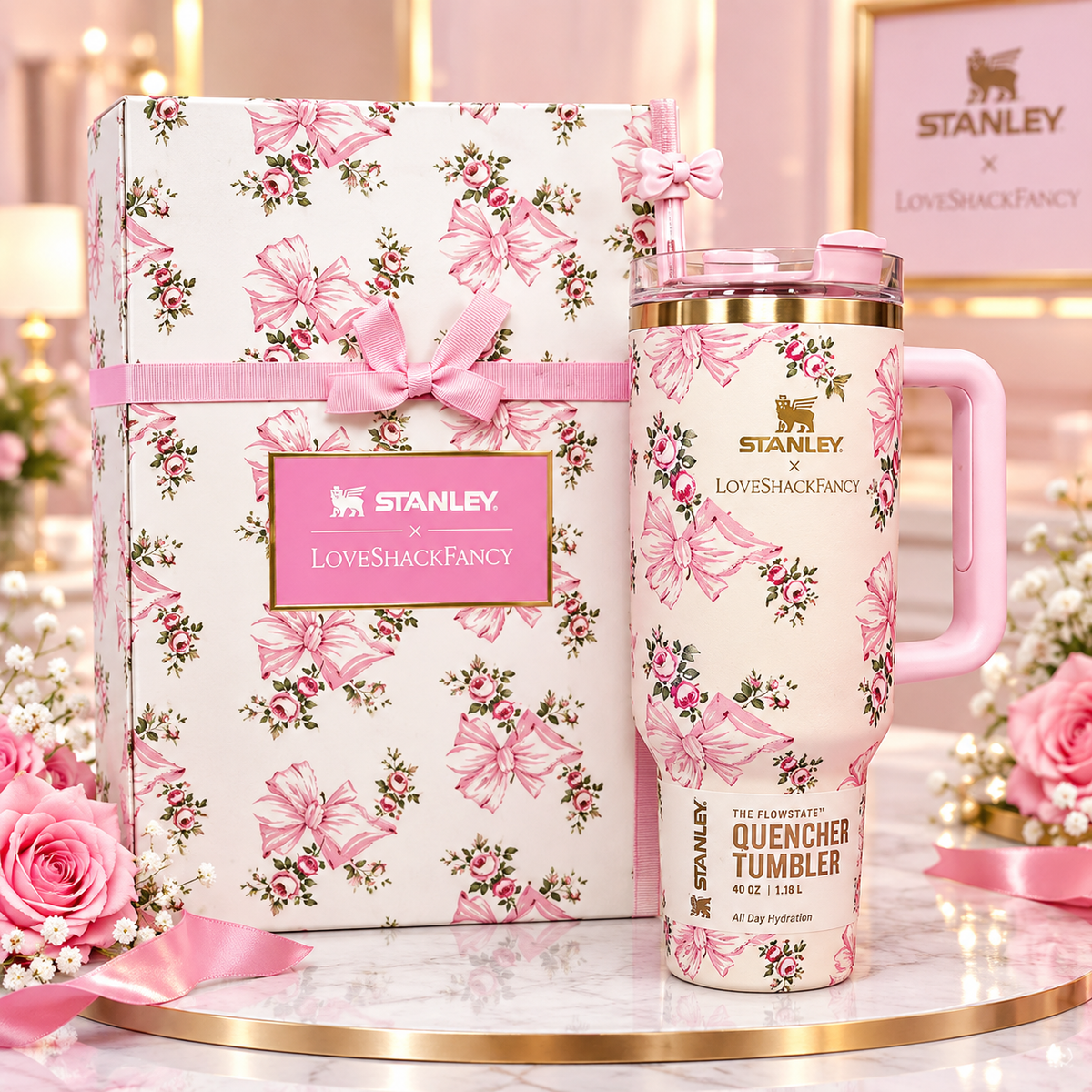 Short Title: Stanley x LoveShackFancy Quencher 40 oz Pink Butterfly Tumbler