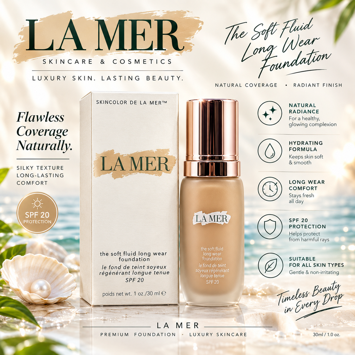 La Mer The Soft Fluid Long Wear Foundation SPF 20 — Ivory 01, 1 oz
