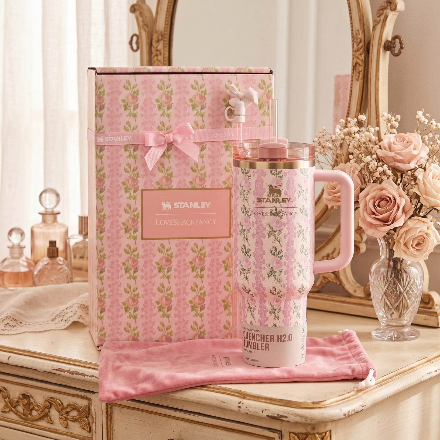 Stanley x LoveShackFancy Quencher H2.0 FlowState Tumbler 40 oz – Coquette Bow Chantilly Limited Edition