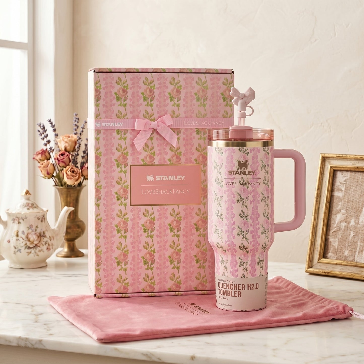 Stanley x LoveShackFancy Quencher H2.0 40 oz Pink Floral Tumbler